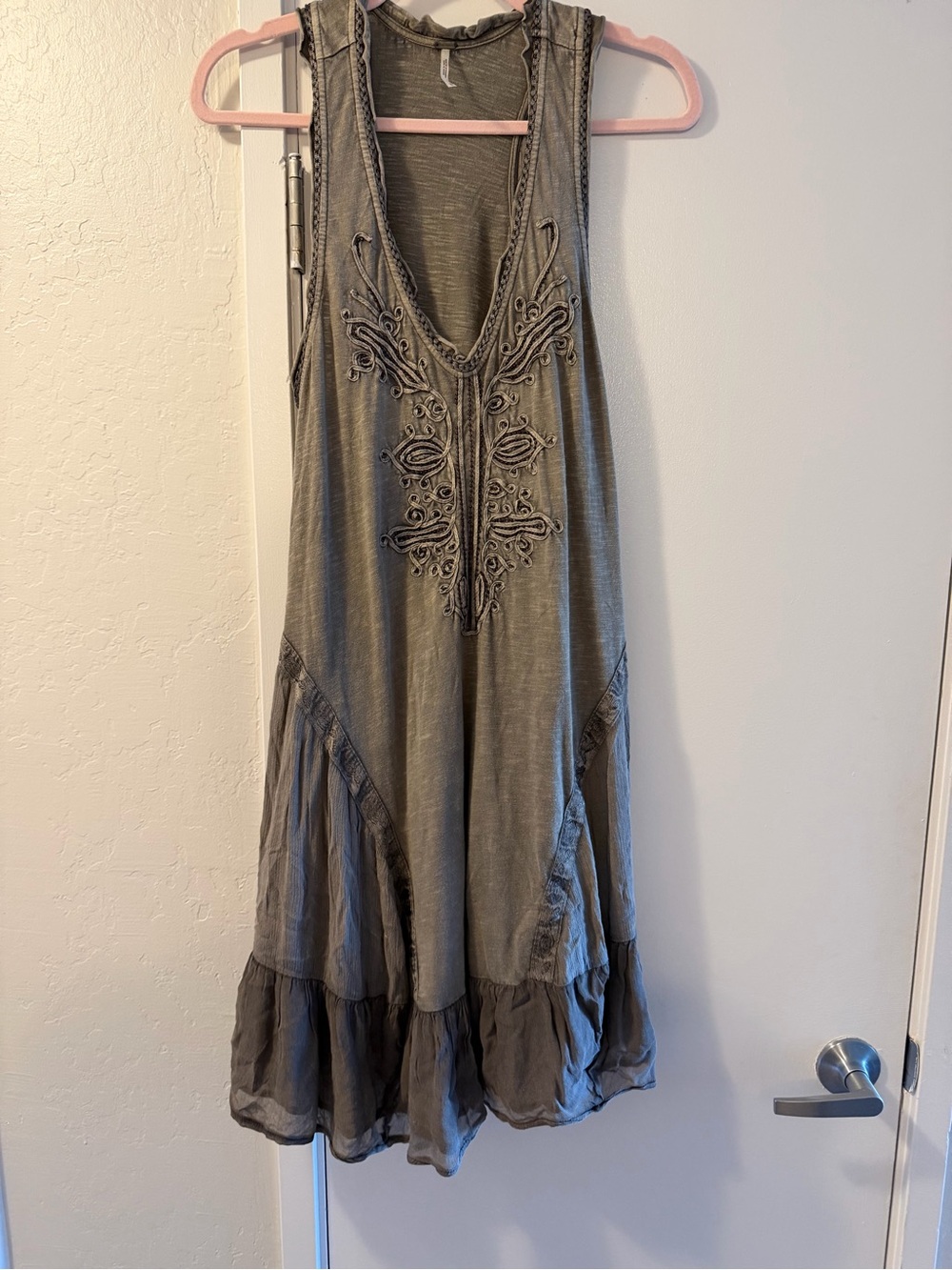 Free People Olive Green Sleeveless Embroidered V-Neck Dress